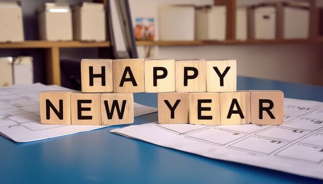 Happy New Year Word Written On Wooden Blocks On Blue Office Table With Calendar Sheets. Wallpaper Dekstop, 4k, 8k