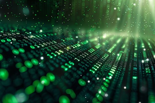 Green dark binary code data streaming background created with Generative AI