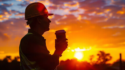Silhouette of a construction worker holding a coffee cup at sunset.