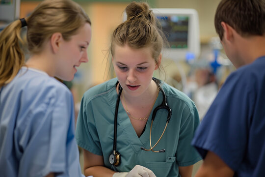 student nurse deeply immersed in training at a college, collaborating with medical colleagues in a clinical setting. Ideal for illustrating healthcare education and teamwork in med