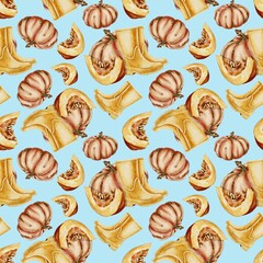 Pumpkin and rubber boots yellow autumn thanksgiving, Harvest Festival, Halloween decor seamless pattern  watercolor illustration. For packaging, fabric, textile