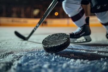 Close up of ice hockey puck and stick during a match