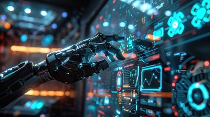 Robot hand touches virtual screen showing futuristic artificial intelligence communication icons