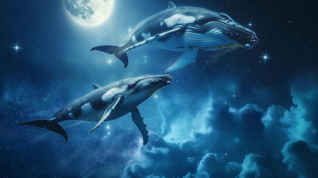 The humpback whal fying over galaxy background, Illustration