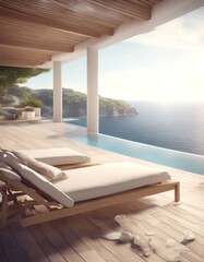 Fototapeta premium dream rendering view 3d swimming modern villa bedroom chair panoramic holiday pool interior loft sea render private land sunbathing white deck summer loungers travel spring
