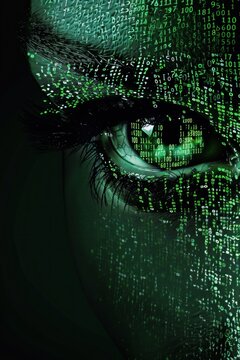 A close-up shot of a green eye, partially obscured by a screen of digital code
