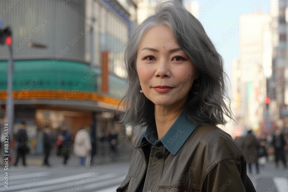 Sticker portrait of beautiful asian young woman with gray hair an asian businesswoman wearing casual clothes