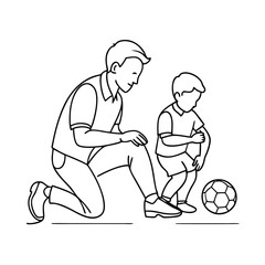 dad and young son playing with a soccer ball.  line art animation, isolated on a white background