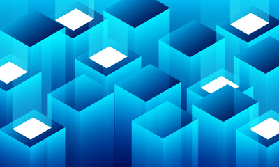 abstract transparent cubes shine blue background with the digital technology elements.