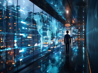 Futuristic Executive Interacts with Holographic Displays in High Tech Office Setting