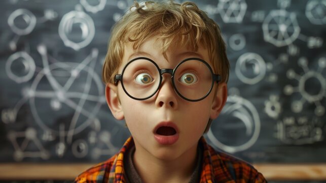 Surprised Boy in Glasses with Chalkboard Background