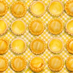 Lemon Tarts on Yellow Plaid Fabric Texture in Watercolor Seamless Pattern. Perfect for: Summer, Kitchen