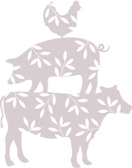 Farm Animals Chicken, Pig, Cow Botanical Leaves 