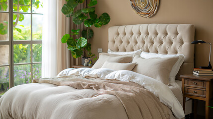 contemporary bedroom with tufted upholstered headboard, neutral colors, large windowcopy space
