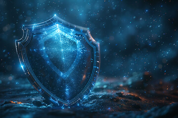  An image of a shield depicted in the wireframe style on a dark blue background
