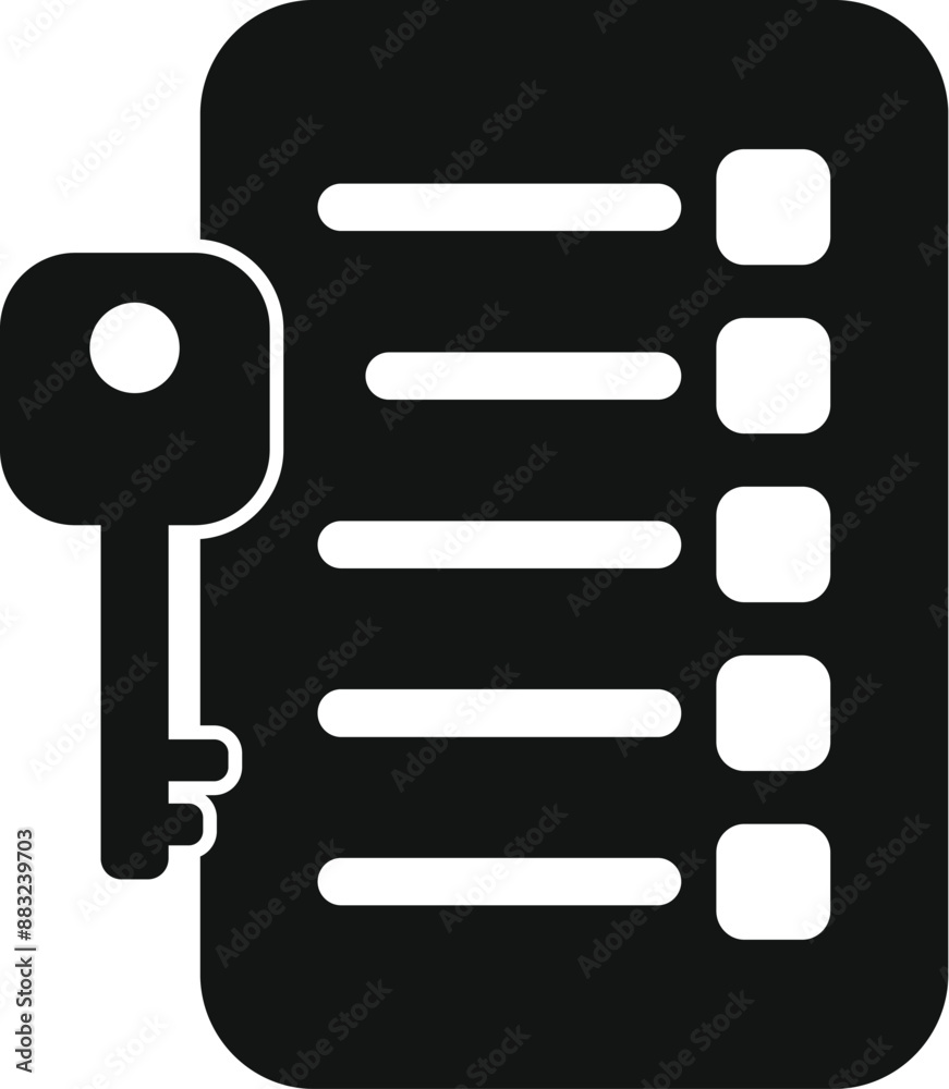 Poster black and white icon of a key unlocking a padlock on a checklist, representing data security and enc