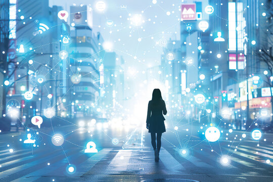 Woman walking on the street with digital network connection lines. Generated by AI