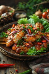 Traditional Asian-Style Fried Fish Dish on Wooden Table Generative AI