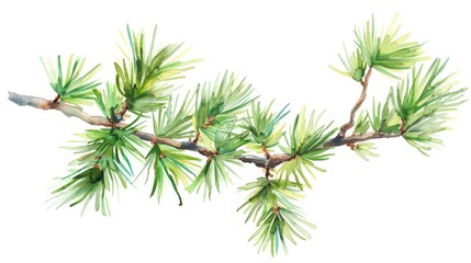 Watercolor Painting of a Pine Branch with Green Needles