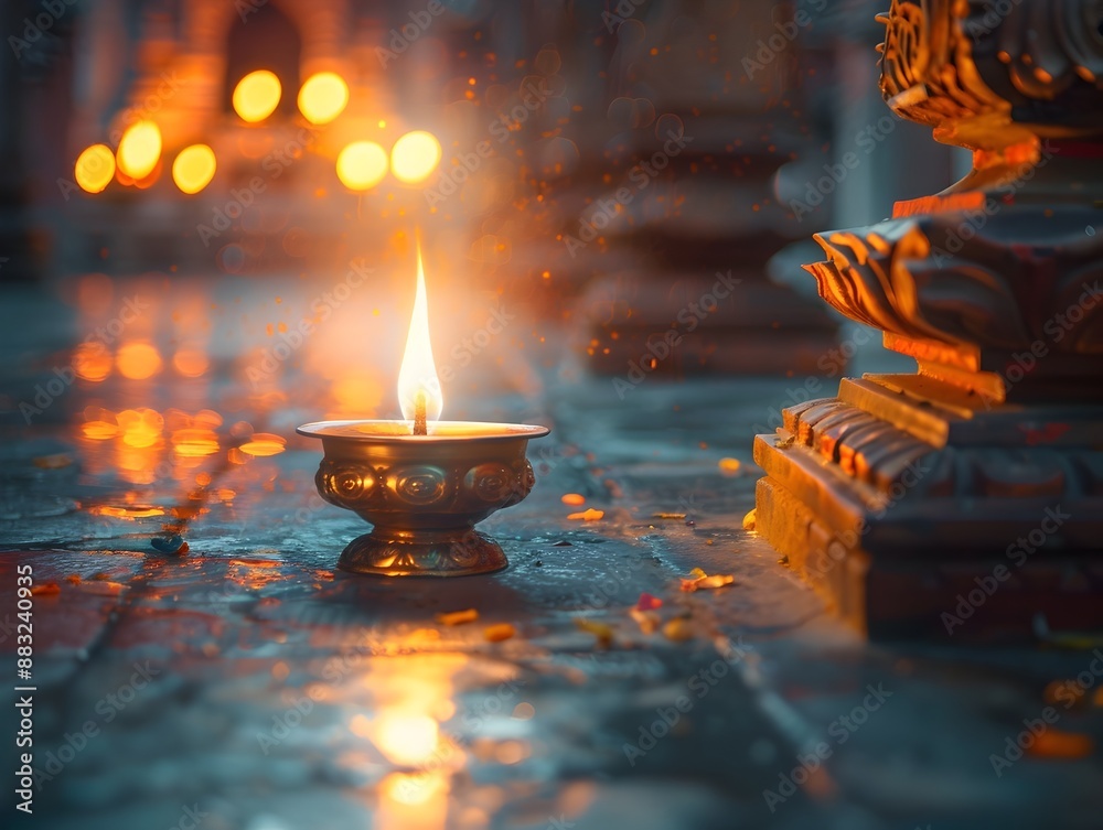 Poster Glowing Oil Lamp Illuminating Intricate Details of a Serene Temple Interior