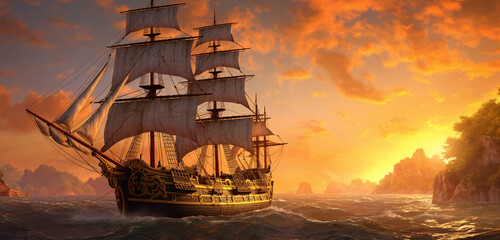 Naklejka premium a painting of a sailing ship in the ocean at sunset with a cliff in the background and a sunset sky