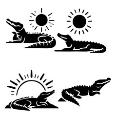 Crocodile Basking in the sun silhouette on white background