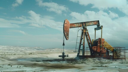 Vintage Oil Rig Machinery in Barren Landscape with Cloudy Sky Historical Industrial Energy Concept