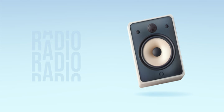 Stereo system sound speaker 3d vector illustration. Concert woofer station for electronic melody announce device. Music acoustic audio podcast realistic radio boombox tuner. Dual portable hifi quality