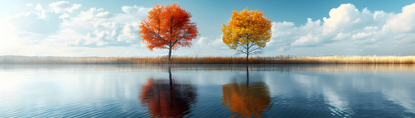 Obraz premium Half Tone Spring and Autumn Waterfront Landscape for Graphic Design with Ample Text Space
