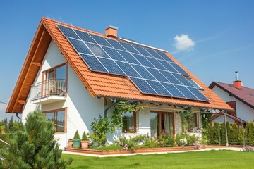 Fototapeta premium Solar panels installed on roof of home. Alternative electricity source Sustainable resources concept