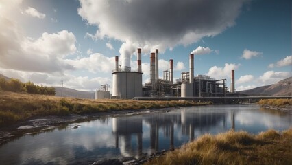 Fototapeta premium Rendering of a geothermal power plant with floating turbines and cloudy sky
