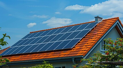 Fototapeta premium Solar panels installed on roof of home. Alternative electricity source Sustainable resources concept