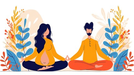 Obraz premium Pregnant woman and man meditating together in nature.