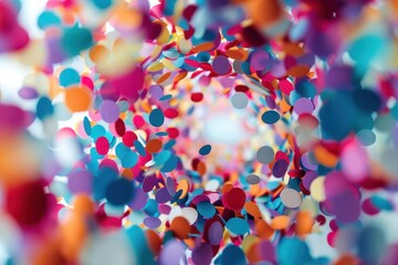 kaleidoscopic confetti explosion vibrant paper circles radiating in mesmerizing concentric patterns against stark white creating a sense of joyous celebration