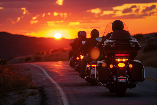 motorcycle riders enjoying a sunset ride together, emphasizing the thrill and camaraderie of group riding. Ideal for showcasing outdoor adventure, motorcycling culture, and the bea