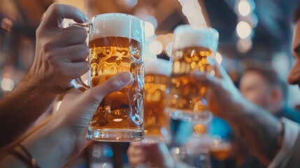 Obraz premium Two people are holding up their beer mugs in a celebratory gesture
