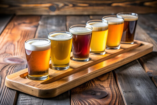 A wooden tray with six different types of beer in glasses