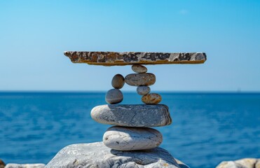 Balanced Rock Scale with Leaning Stones Against Clear Blue Sky and Ocean Horizon. Symbolizing Life Balance, Harmony, and Emotional Peace through Personal Growth