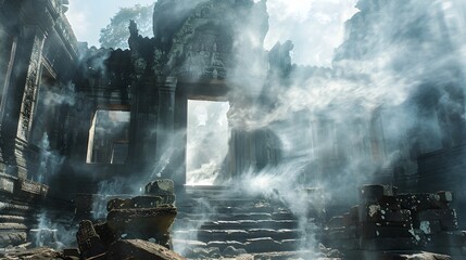 Naklejka premium Ethereal Ruins Mystical Drifting Smoke Shrouds Ancient Temple s Timeless Grandeur