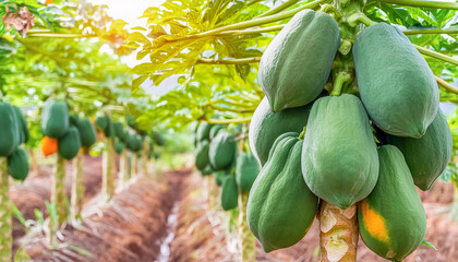 Close up of ripe papaya fruit hanging on branch. Hanging ripe papaya fruit.
