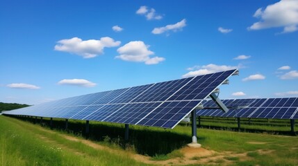 Solar energy panels in a green field with blue sky and sun