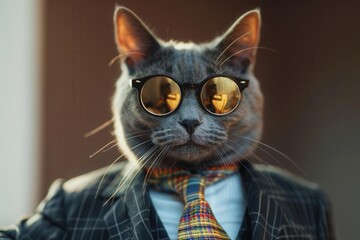 A suave cat sporting reflective sunglasses and a tailored suit with a bold