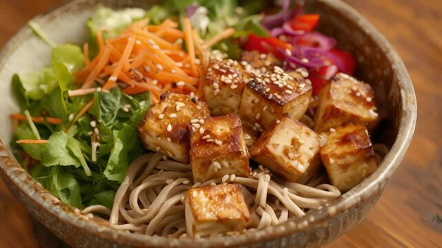 Simple yet satisfying a bowl of soba noodles with a side of tender baked tofu and a crisp colorful salad.