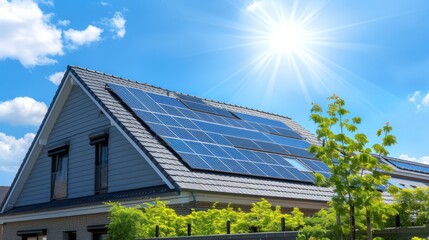 Fototapeta premium Solar panels installed on roof of home. Alternative electricity source Sustainable resources concept