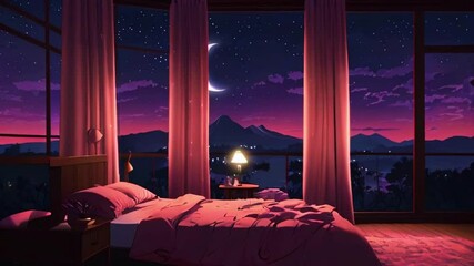 A cozy pink bedroom by a full moon a large window. Soft, lofi music visualizer elements pulse in sync the music, creating a relaxing ambiance, 4k 2D Japanese anime-style purple colors manga Lofi