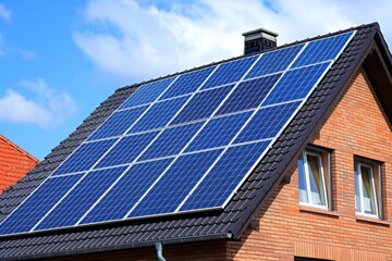 Fototapeta premium Solar panels installed on roof of home. Alternative electricity source Sustainable resources concept