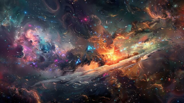 A breathtaking view of a colorful nebula in outer space, showcasing swirling gas clouds, stars, and cosmic phenomena in a vast universe.
