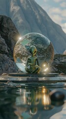 A green alien sits in front of a futuristic glass sphere with mountains and a reflective pond in the background.