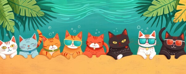 Naklejka premium Cats at a beach party, summer International Cat Day, flat design illustration