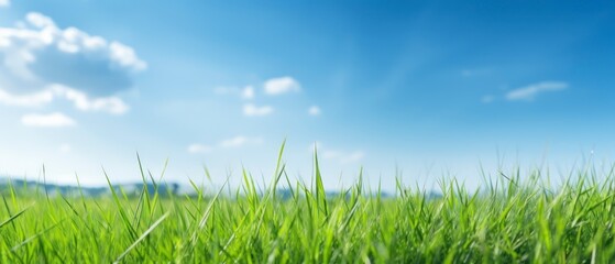 Fototapeta premium Green grass field and blue sky with clouds. Panoramic view.